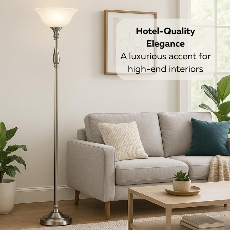 LIGHTACCENTS Floor Lamp, 72-Inch Standing Lamp with Brushed Nickel Finish and White Alabaster Glass Shade â€“ Torchiere Pole Lamp for Living Room, Bedroom, or Corner Lighting - Image 5